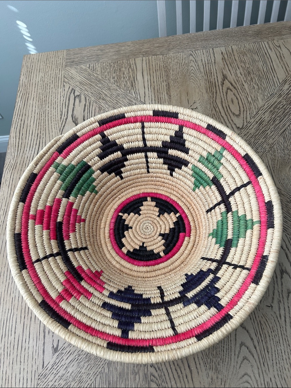 Handwoven Rwandan plateau Basket  - Pink, Green & Black geometric shapes